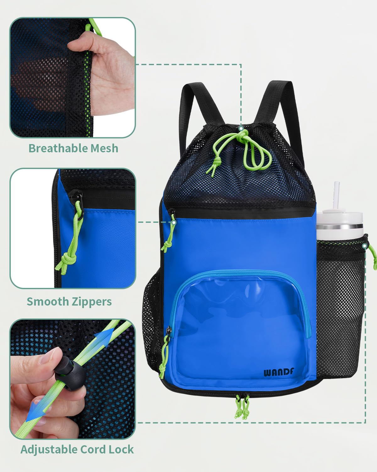 WANDF Swim Bag with Wet Pockets, Mesh Beach Backpack for Pool and Gym