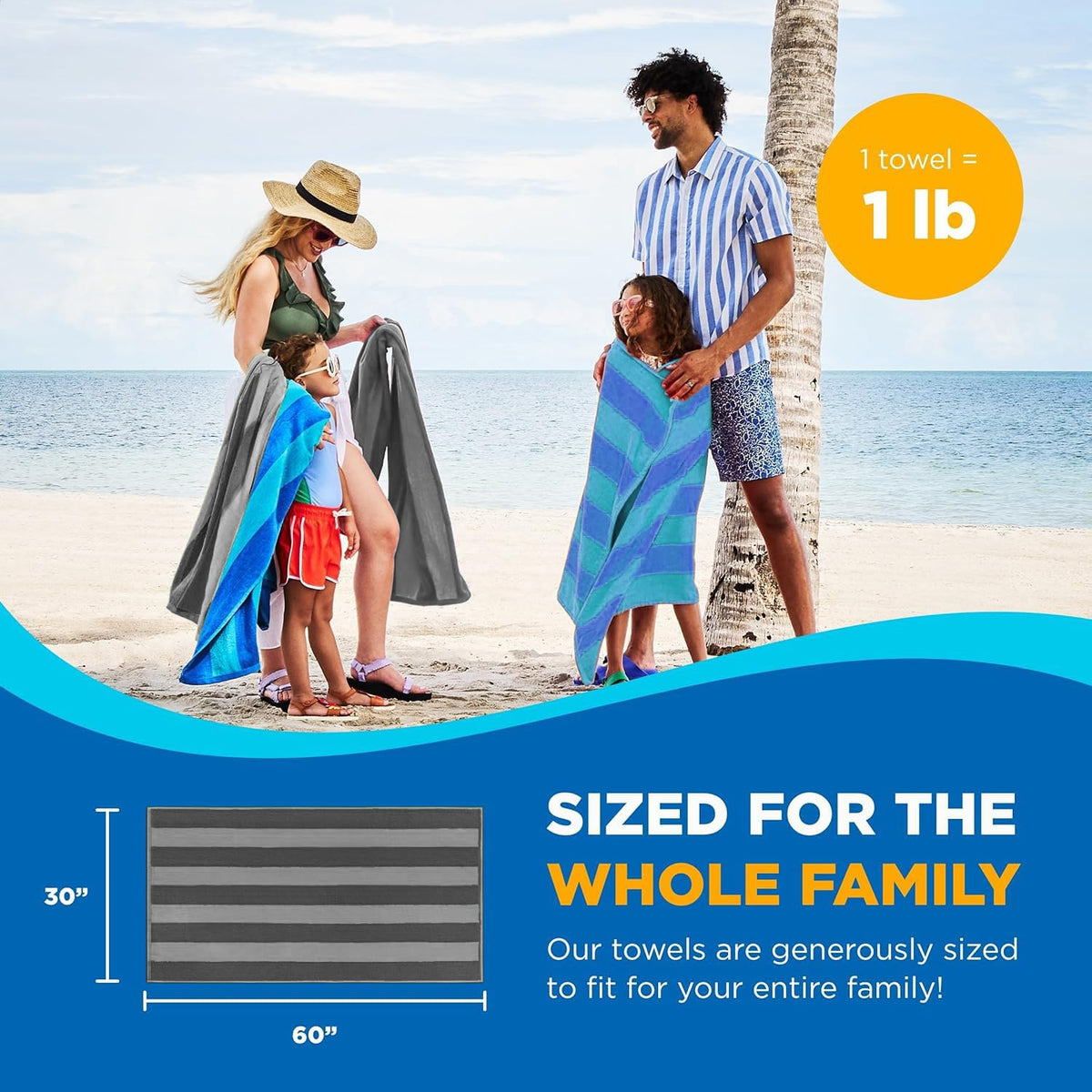 KAUFMAN - Velour Multi-Color Cabana Striped Beach Towels | 100% Cotton Beach Towel Pack 30" x 60" | Absorbent, Quick-Drying Pool Towels for Adults (2 Pack)