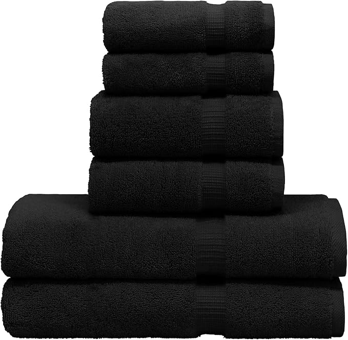 Luxury Hotel & Spa Quality, Quick Dry 100% Turkish Cotton, 700 GSM, Eco Friendly Towel, Bathroom and Kitchen Dobby Border Towels, 2-Bath Towel, 2-Hand Towel, 2-Washcloth (Bundle Set of 6, Black)
