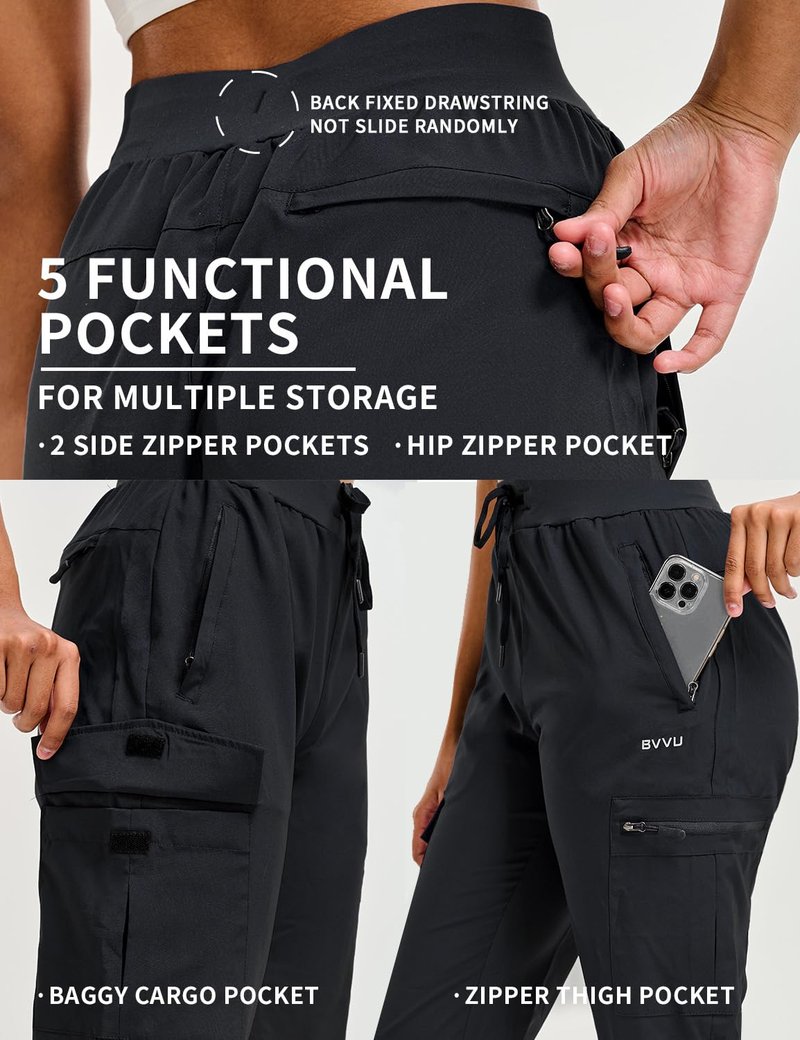 BVVU Women's Hiking Pants Lightweight Quick Dry Travel Outdoor Pants Waterproof Work Cargo Joggers with Zipper Pockets Black