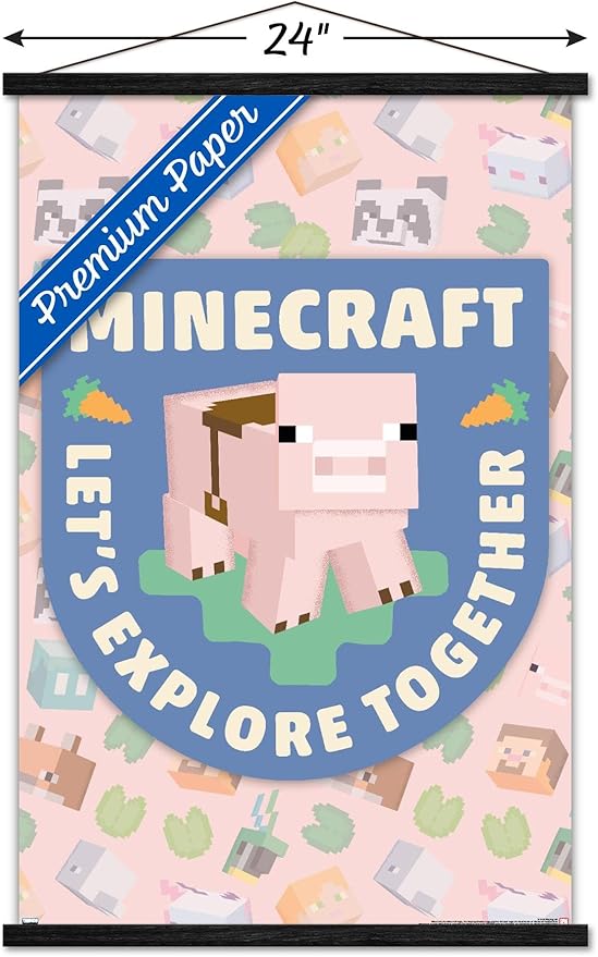 Trends International Minecraft - Let's Explore Together Wall Poster with Magnetic Frame, 34L x 22.4W, Premium Print and Black Hanger Bundle