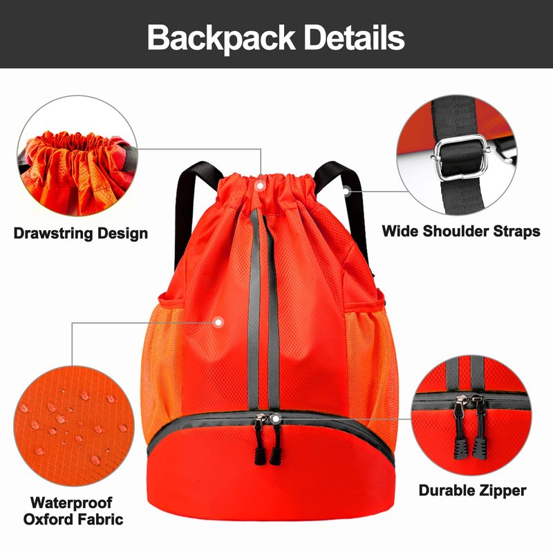 Hoedia Sports Drawstring Backpack - String Swim Gym Bag with Shoes Compartment and Wet Proof Pocket for Women&Men (Red)