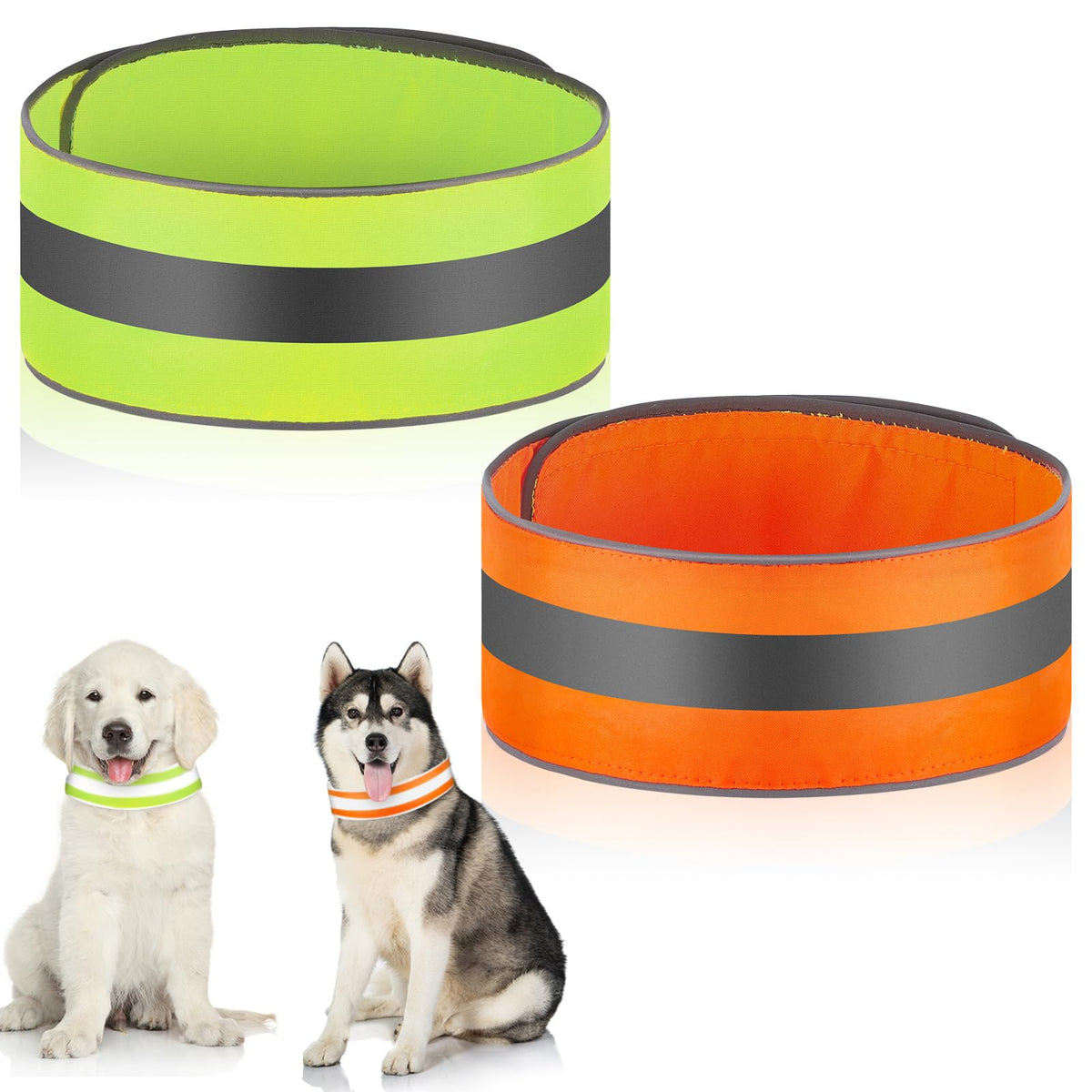 Paterr 2 Pcs Reflective Dog Collar High Visibility Adjustable Pet Collars with Quick Release Fastener Comfortable Dog Walking Accessories for Small Medium Large Pet, Orange, Fluorescent Green(Stripe)
