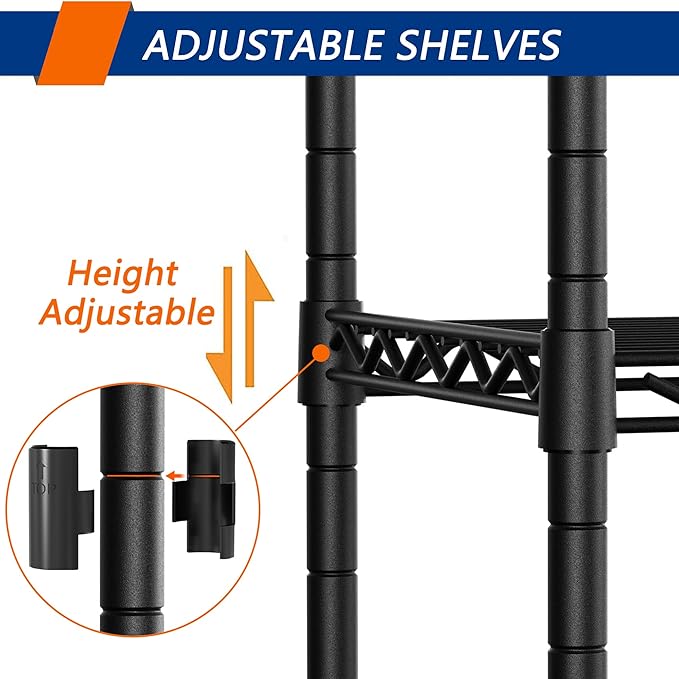 Soywey 5-Shelf Adjustable Heavy Duty Storage Shelving Unit on 4 Wheel Casters, Metal Organizer Wire Rack for Laundry Bathroom Kitchen Pantry Closet, Black