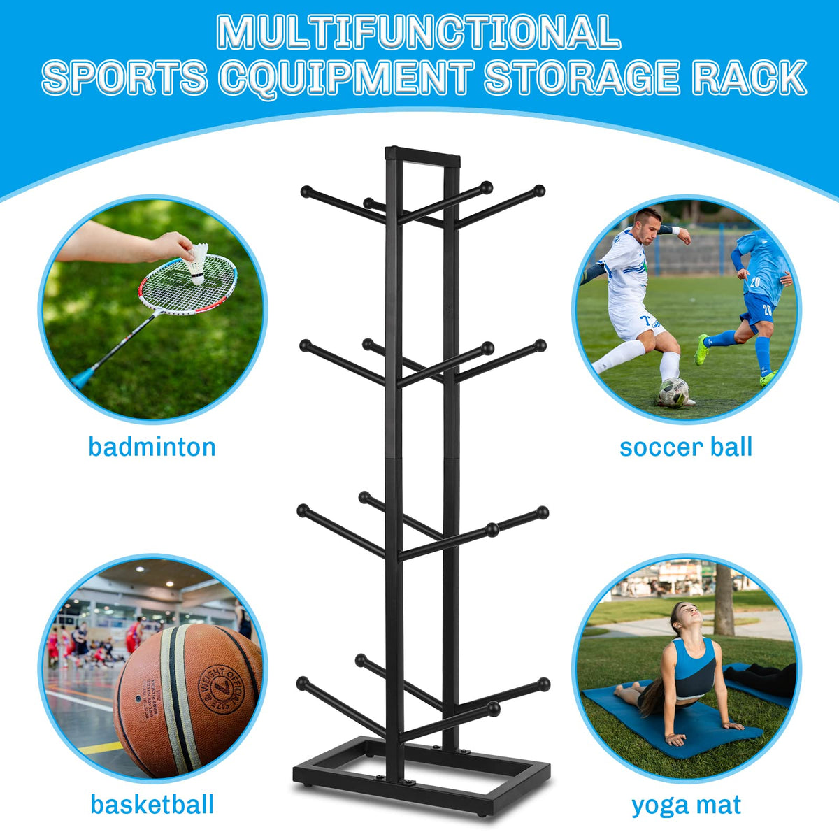 Fitlyiee Basketball Organizer Iron Ball Rack for Home Garage (Black)