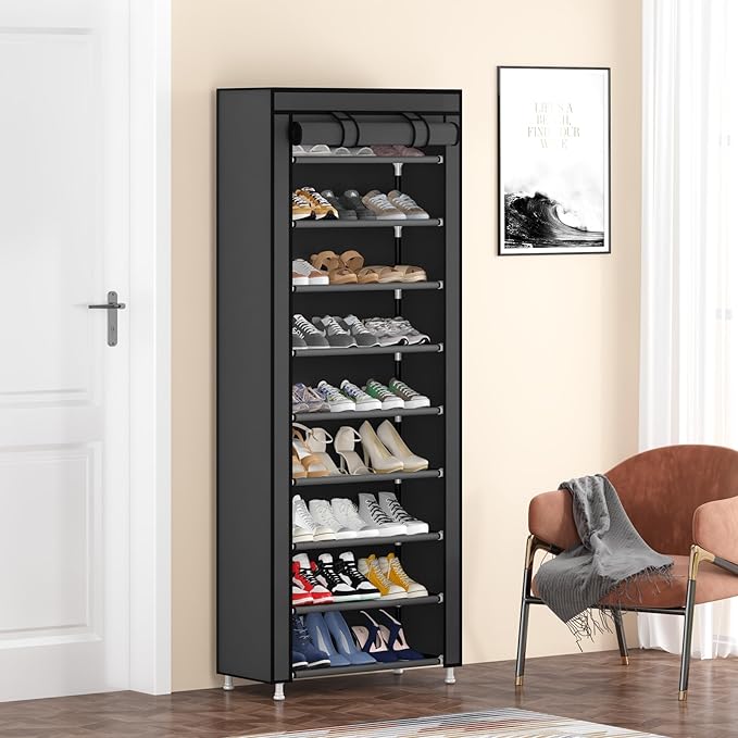 Calmootey 9 Tier Shoe Rack Organizer,Portable Shoe Shelf with Nonwoven Fabric Cover for Closet Hallway,Bedroom,Entryway,Grey