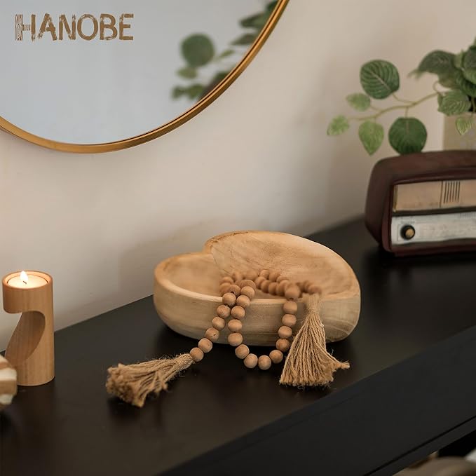 Hanobe Decorative Dough Wood Bowl: Small Heart Shaped Bowls for Decor Wooden Bowl for Table Centerpiece, Natural 7.8"