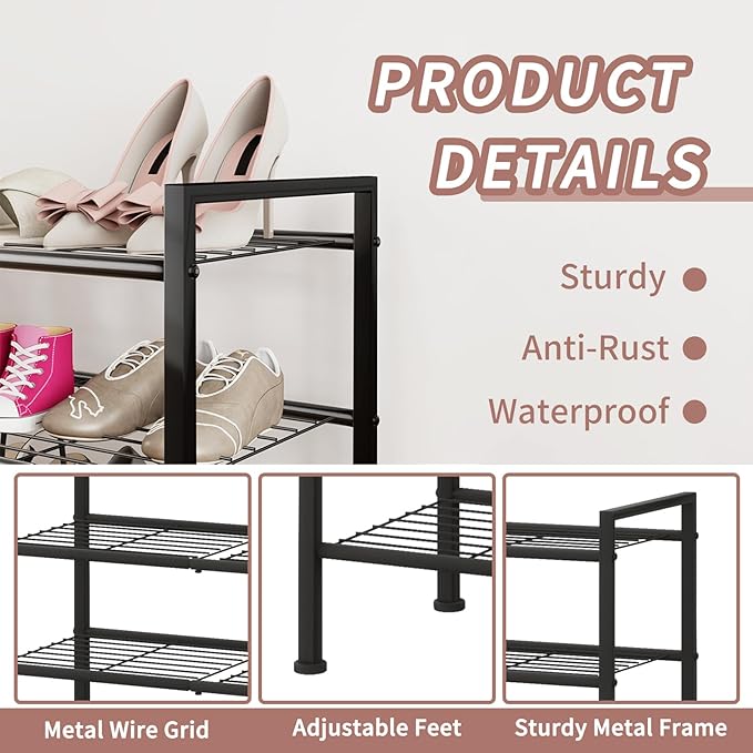 DongRong 4-Tier Shoe Rack,Metal Simple Shoe Storage Organizer Shelf for Closet,Entryway, Bedroom,Garage (Black, 4 Tier)