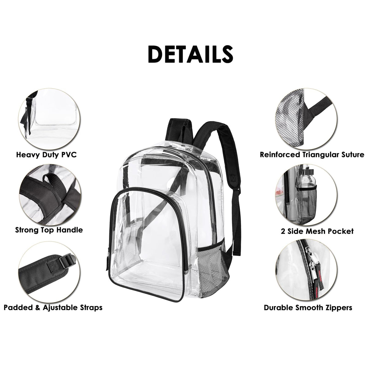 Clear Backpack Heavy Duty PVC School Bookbag for Girls Boys - See Through Transparent Backpack with Reinforced Straps for Work Travel Security Adults