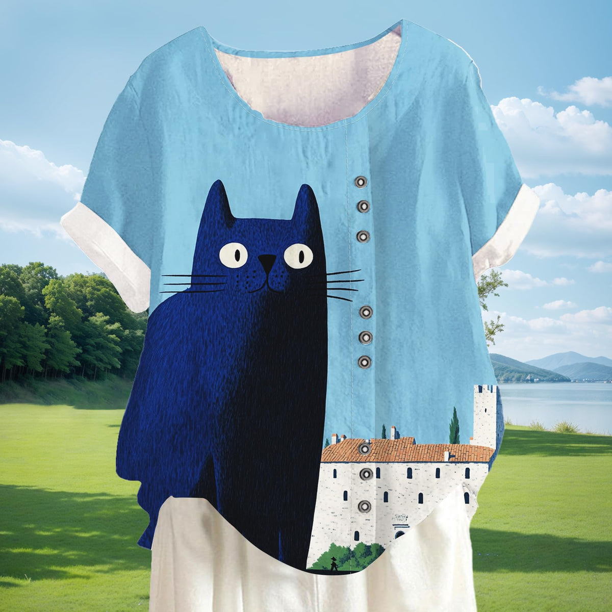 Xernbit Womens Fish Graphic Oversized Blouse Summer Fashion Casual Short Sleeve Tshirt Comfy Lightweight Loose Pullover Tops Vacation Beach Blue Cat XL