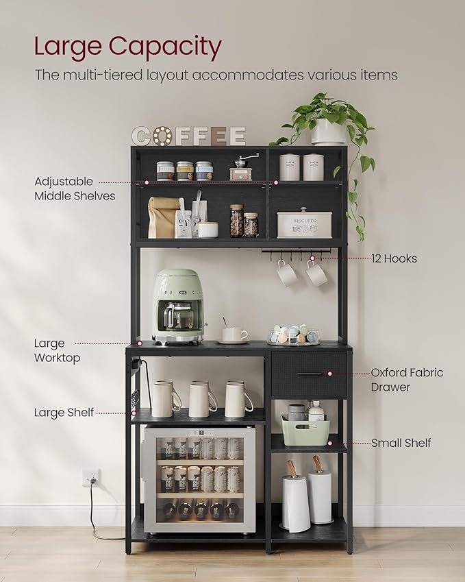VASAGLE Bakers Rack with Charging Station, Coffee Bar, 12 Hooks