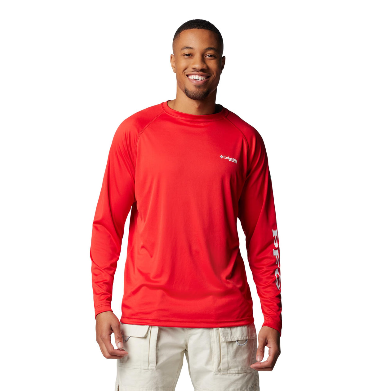 Columbia Men's PFG Terminal Tackle Long Sleeve Fishing Shirt, Red Spark/White Logo, 2X Tall
