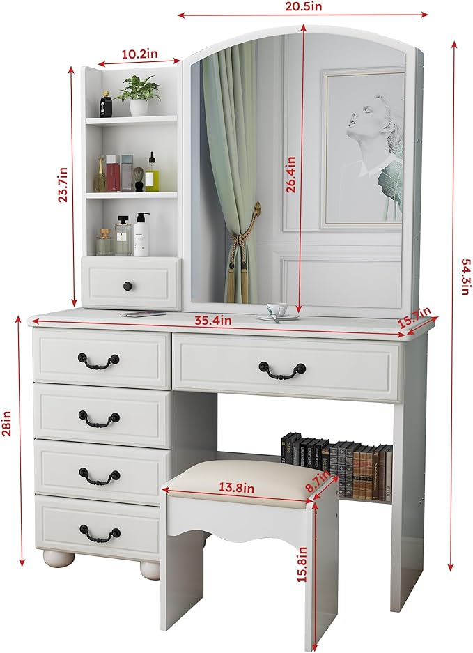 Elegant Vanity Desk with Lighted Mirror, 6 Drawer White Dressing Table Set for Bedroom, Features Adjustable 3-Color LED Lights, Perfect Makeup Vanity with Storage