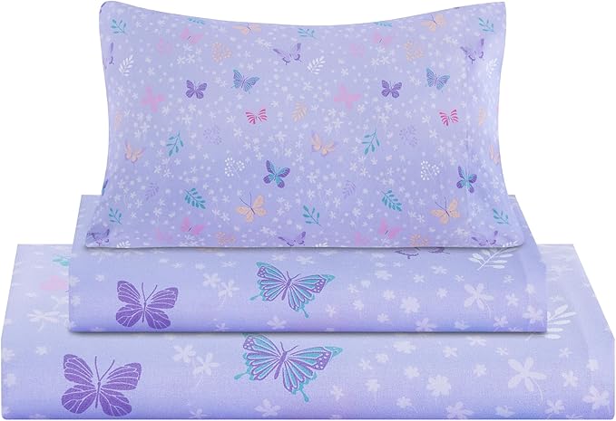 Viviland 4 Pieces Girls Light Purple Full Sheet Set - Soft Microfiber Fitted Flat Sheets & Pillowcases - Butterfly Floral Printed Bedding Sets - for Kids & Toddlers