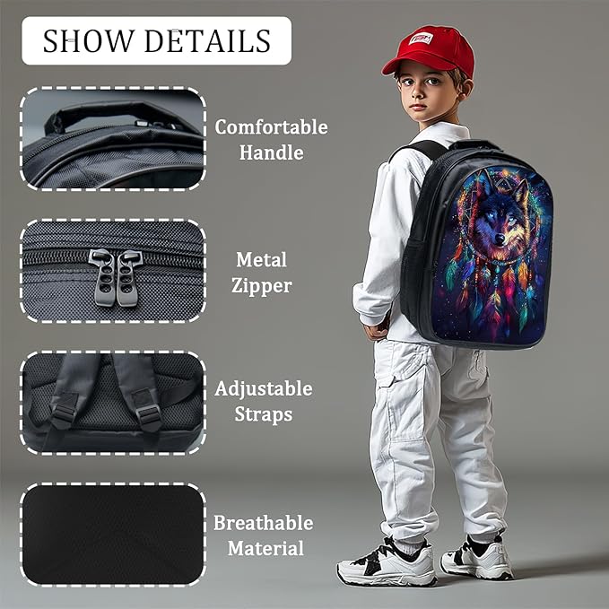 Wolf Backpack Set 3 Piece School Bags and Lunch Box with Pencil Case Blue Cool Wolf Dream Catcher Bookbag Set for Toddler Kids Girls Boys Teens Kindergarten Elementary Middle