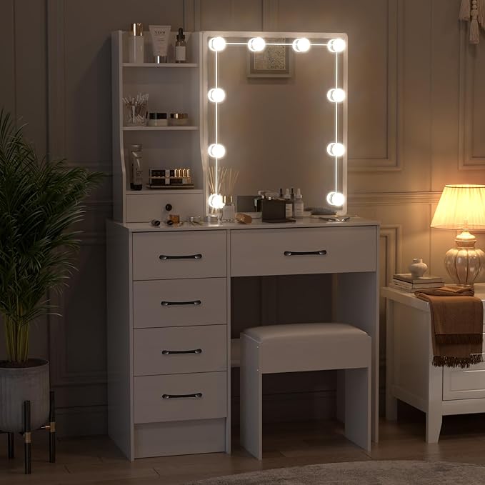 Vanity Desk with Sliding Mirror and Lights, Makeup Vanity Table Set with Chair and 6 Drawers, Small White Makeup Vanity with HD Mirror, 3 Lighting Modes Makeup Desk for Bedroom Women
