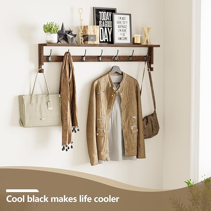 AMBIRD Coat Rack Wall Mount, 35 Inch Extra Long Wall Hooks with Hanging, Wooden Shelf with 7 Metal Hooks 2 Side Hooks, Wall Key Holder with Shelf in Entryway, Kitchen, Bathroom, Living Room, Bedroom