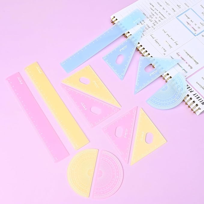 BAYTORY 12Pcs Transparent Ruler Set, Shatterproof Colorful Acrylic Rulers, Clear Lightweight Geometry Set, Student Stationery Measuring Tool, for School and Office (Macaroon Colors)