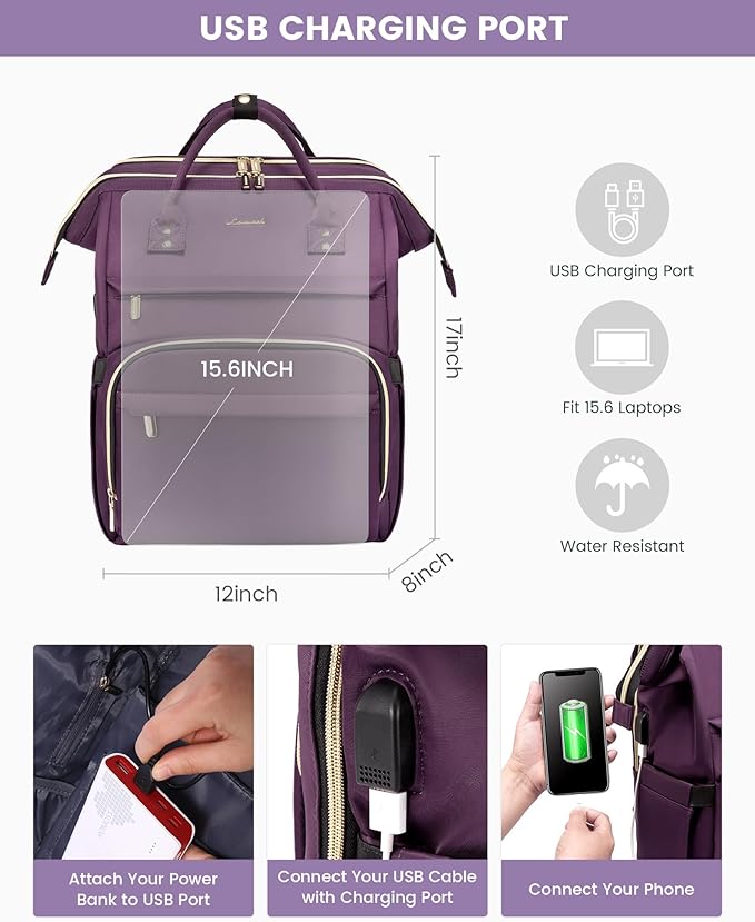 LOVEVOOK Laptop Backpack Women, 15.6 Inch Backpack with Charger, Water Resistant Teacher Bag Work Backpack with Laptop Compartment for Travel Business College, Dark Purple