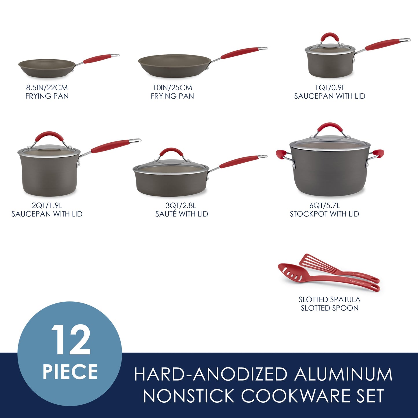 Rachael Ray - 87630 Rachael Ray Cucina Hard Anodized Nonstick Cookware Pots and Pans Set, 12 Piece, Gray with Red Handles