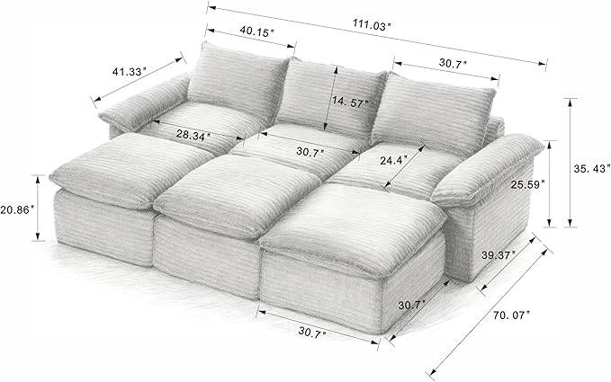 111" Cloud Sectional Couch, Corduroy Sectional Sofa with Ottoman, Boneless Couch with Deep Seat in a Box for Living Room, No Assembly Required (Black)