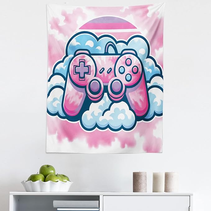 Ambesonne Pink Tapestry, Girly Gamer Concept Design with a Controller and Clouds on a Soft Tie Dye Sky, Fabric Wall Hanging Decor for Bedroom Living Room Dorm, 23" X 28", Purple Pale Blue