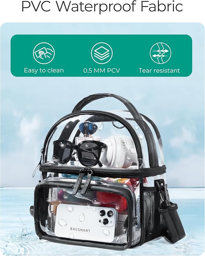 BAGSMART Stadium Approved Clear Bag 12"x6"x12", Double Deck Lunch Box, Convertible to Backpack, Waterproof PVC, Camel