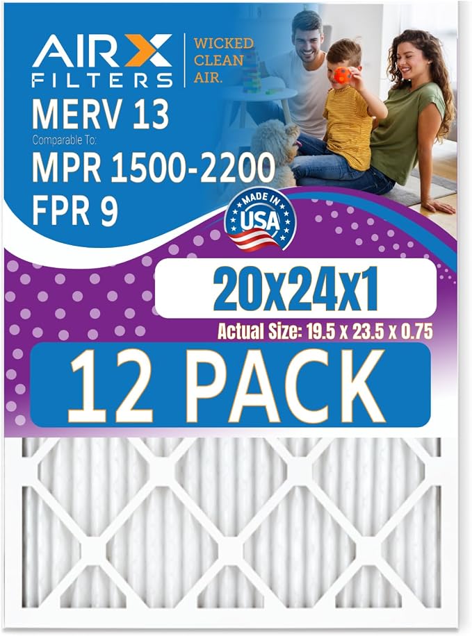 20x24x1 Air Filter MERV 13 Rating, 12 Pack of Furnace Filters Comparable to MPR