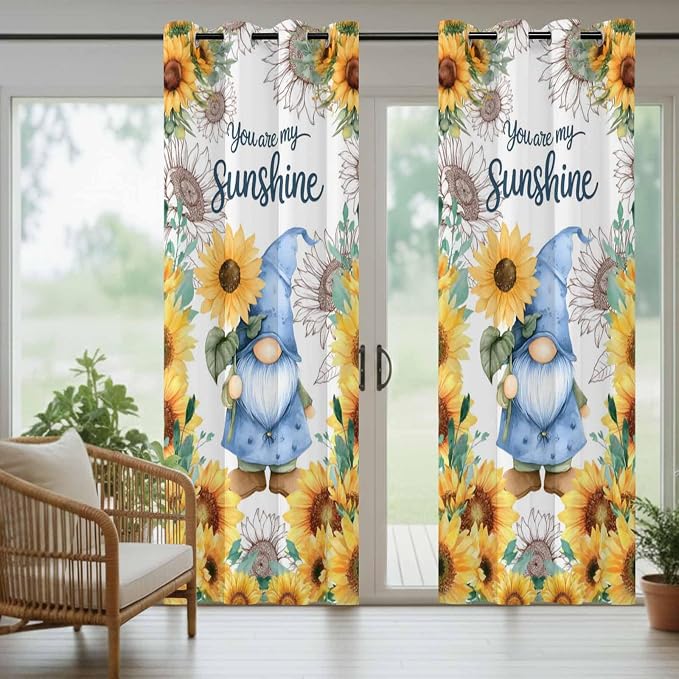 Summer Outdoor Curtains for Patio Sunflowers Gnome Eucalyptus Leaves Waterproof