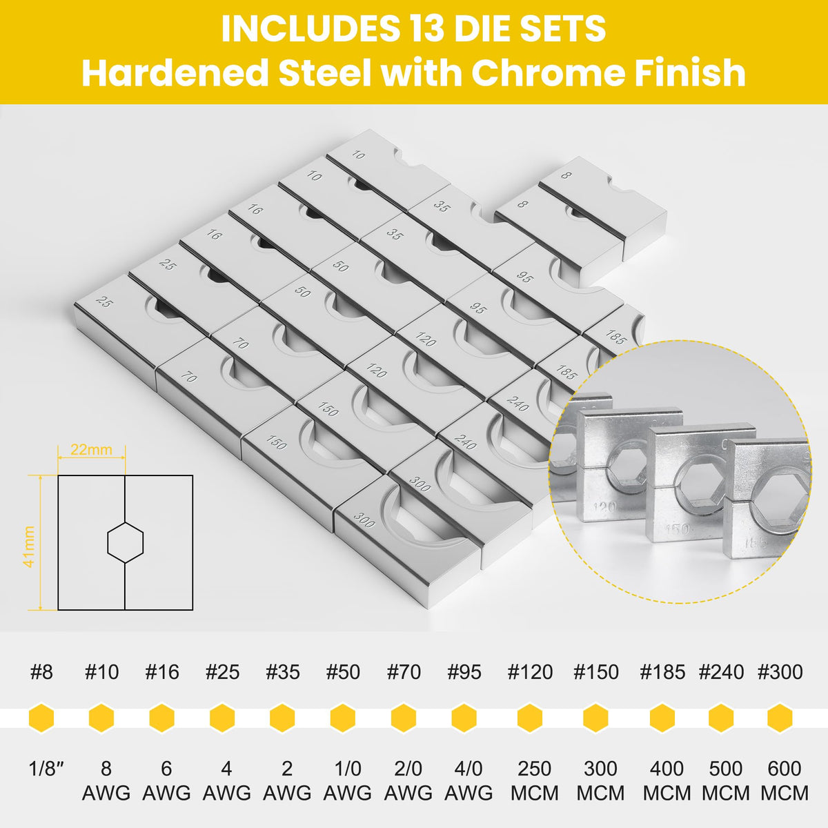 HYCLAT 16 Tons Hydraulic Wire Crimping Tool Battery Cable Lug Terminal Crimper With 13 Pairs of Dies, 9AWG to 600MCM Crimping Tool