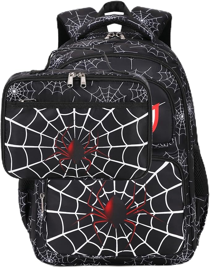 Kids Backpack Boys Spider Backpack with Lunch Box Kindergarten Elementary Middle School Travel Sport Toddler Bookbag for Boys Ages 4-14, Spider-Black