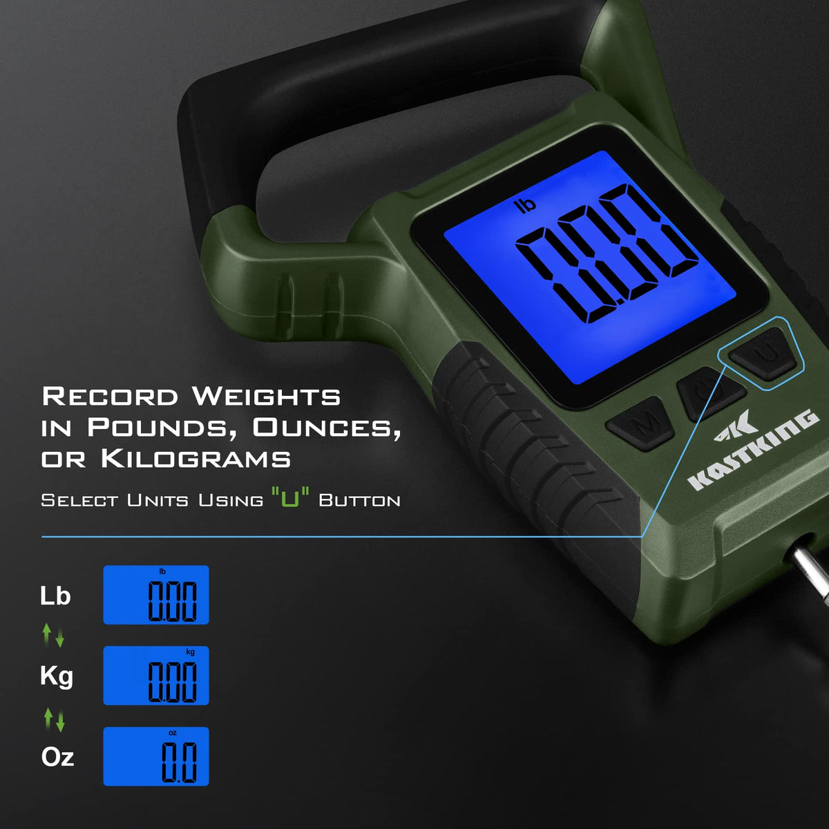 KastKing Fish Scale, WideView Floating Waterproof Digital Scale with No-Puncture Lip Gripper, 2.5” Large LCD Display, 110lb Capacity, Stores up to 9 Weights, Green