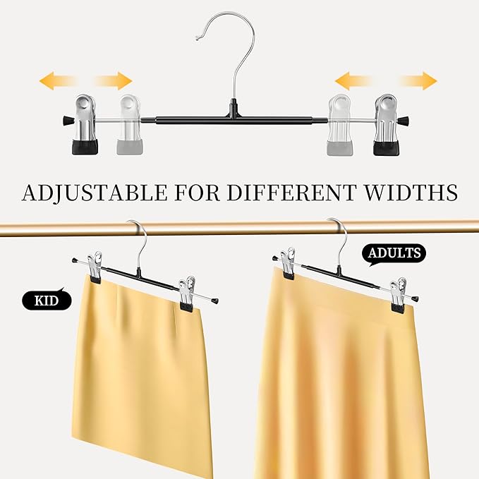 10 Pack 12Inch Heavy Duty Pants Skirt Hangers with Clips,Metal Trousers Hanger for Jeans Black Non Slip Women Shorts Hangers Saving Space Clothing Hanger for Adult,Men,Children,Kid,Baby