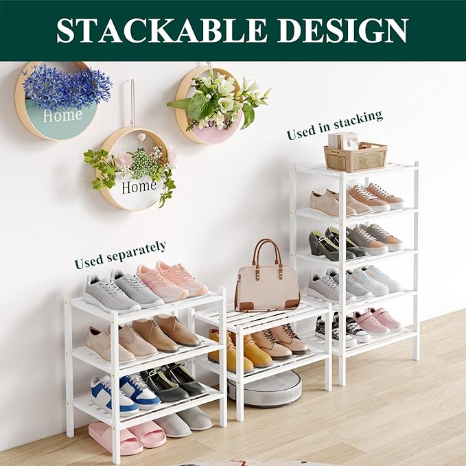 Smiry Small Bamboo Shoe Rack 6-Tier, Stackable Wooden Shoe Organizer for Entryway & Closet, Free Standing Wood Shoe Storage Shelf for Front Door & Small Spaces, White