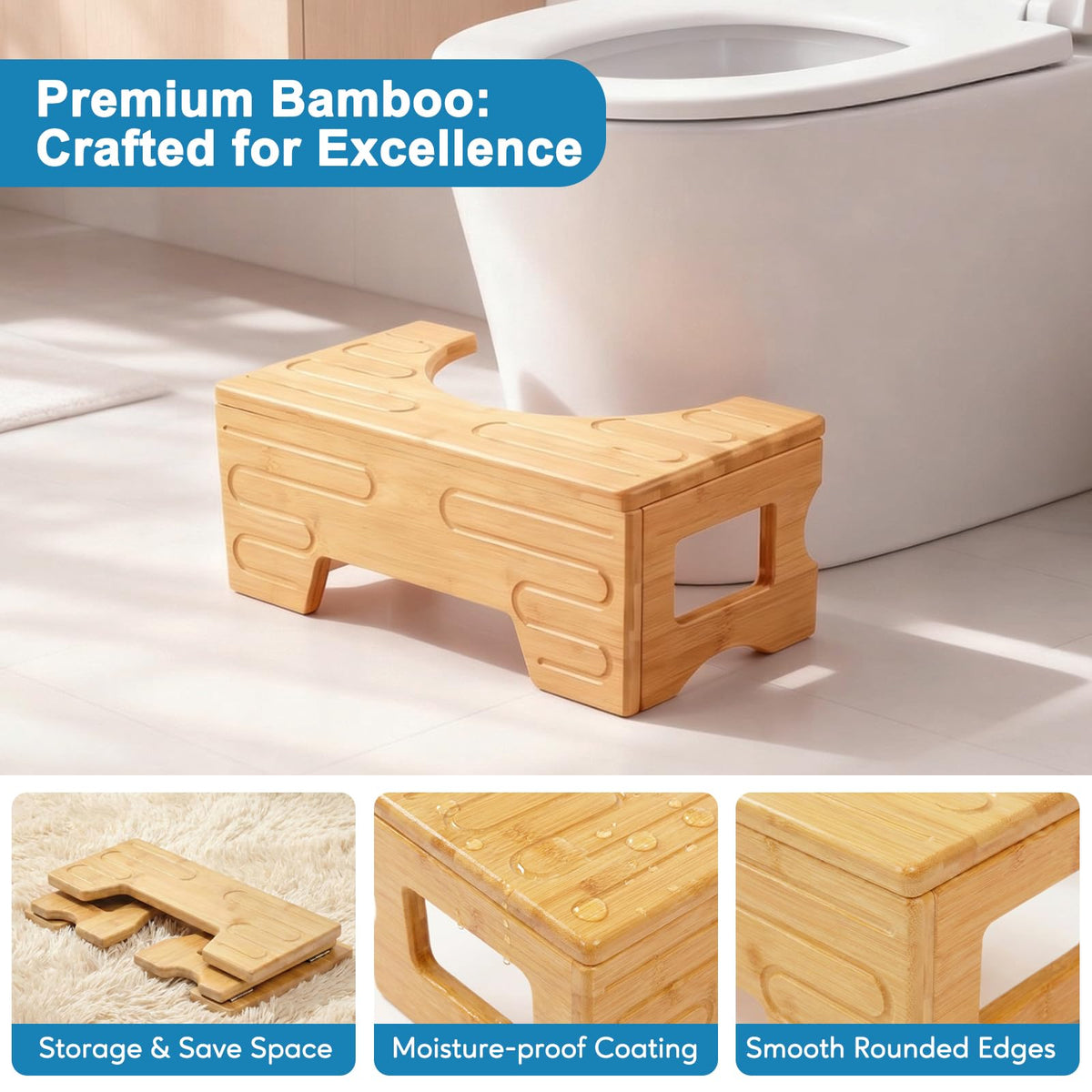 Foldable Toilet Stool–Squat Stool for Bathroom,Bamboo Potty Stool for Toddler,Teens & Adults,Adjustable 7" & 9" Heights Flip Design,Compact Space-Saving Poop Stool for Small Bathroom (Natural Color)