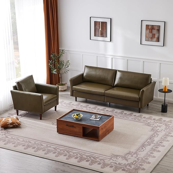 Kingfun Faux Leather 3 Seat Couch Set for Living Room, Mid Century Modern Sofa with Rolled Arms and Deep Seats, Fluffy Comfort for Apartment, Easy to Assemble, Olive Green Sofa and Chair