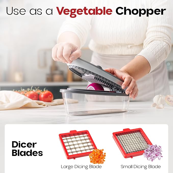 Vegetable Chopper and Mandoline Slicer with Container, CHOPZILLA 4 Stainless Steel Blades, BPA-Free Onion Chopper, Vegetable Cutter, French Fry Cutter, Dishwasher Safe Fruit Potato Dicer, Pink