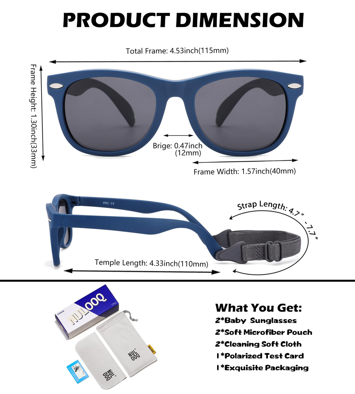 NULOOQ Polarized Baby Sunglasses with Strap - Unbreakable Flexible Infant Sunglasses for Toddlers Age 0-24 Months (Matte Black/Gray + Matte Blue/Gray) - 2 Pack