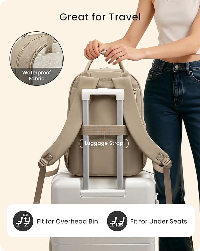 LOVEVOOK Laptop Backpack for Women with Giant Tumbler Holder Pocket, 15.6 inch Travel Work Backpack Purse for Teacher Nurse, Waterproof College Book Bag Cute Casual Daypack, Beige-Khaki