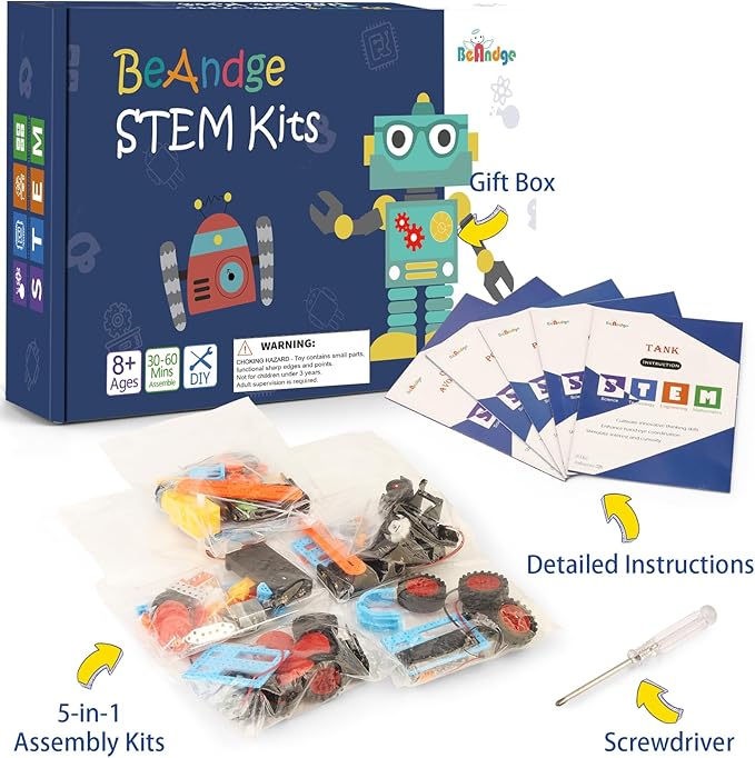 5 Set Individual STEM Kit for Kids, 2nd Grade Boy Toys Bulk Gifts, 8 9 Year Old Boys Gift Ideas, Classroom Science Kits Craft Projects Class Activity, Robot Wind Powered Car Building Activities
