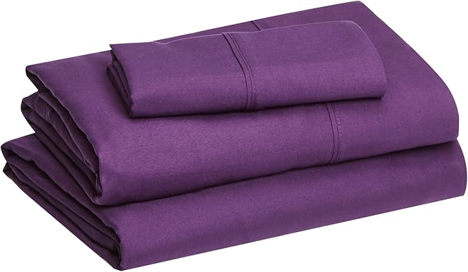 Amazon Basics Lightweight Super Soft Easy Care Wrinkle Free Microfiber 3 Piece Bed Sheet Set with 14-Inch Deep Pockets, Twin, Plum, Solid, Kids, Men & Women Bedding