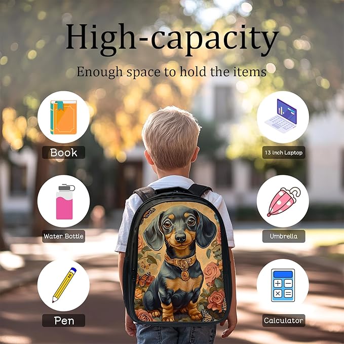 Cute Dachshund Backpack Set 3 Piece School Bags and Lunch Box with Pencil Case Funny Flower Dog Animal Bookbag Set for Toddler Kids Girls Boys Teens Kindergarten Elementary Middle