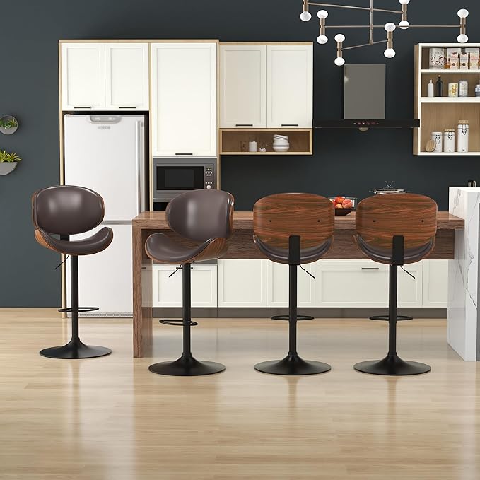 KCC Bar Stools Set of 4, Swivel Adjustable Height Barstools, PU Leather Upholstered Bar Chairs with Footrest, Bentwood Bar Stool for Kitchen, Bar, Dining Room(Brown PU)