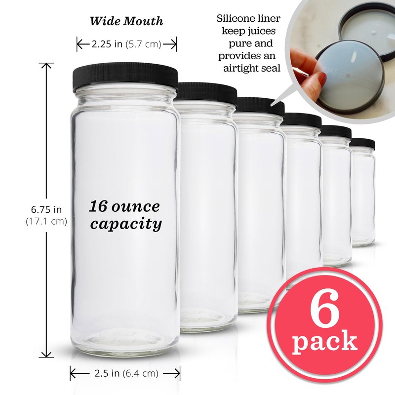All About Juicing Clear Glass Water Bottles Set - 6 Pack Wide Mouth with Lids for Juice, Smoothies, Beverage Storage - 16 oz, Durable, Reusable, Dishwasher Safe, Leak Proof (Black Caps)