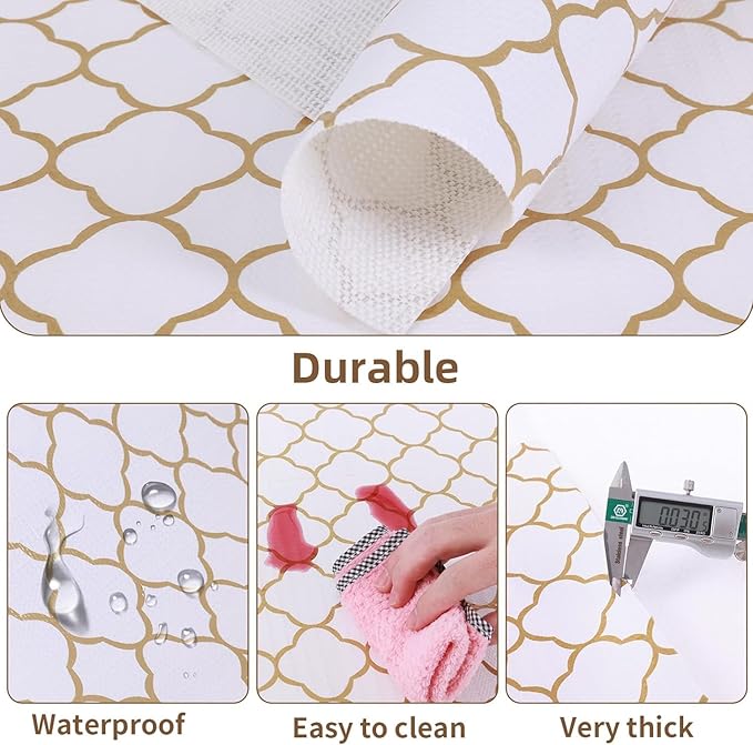Shelf Drawer Liners for Kitchen Cabinets Non Adhesive Drawer Liner Thickened Refrigerator Liner Gold Quatrefoil Strong Non-Slip Paper for Tool Box with Knife and Tape Measure,23.6 x 354.3 Inches