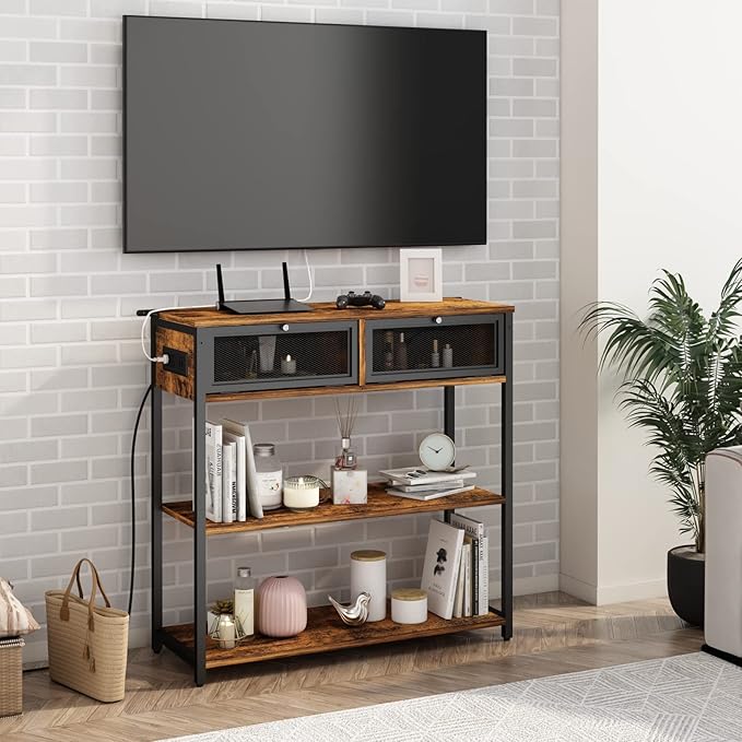 SOOWERY Console Table with Charging Station, 32'' Entryway Table with Doors, Sofa Table Narrow Long with 3 Tiers Open Wood Storage Shelves, for Living Room, Entryway, Foyer, Rustic Brown