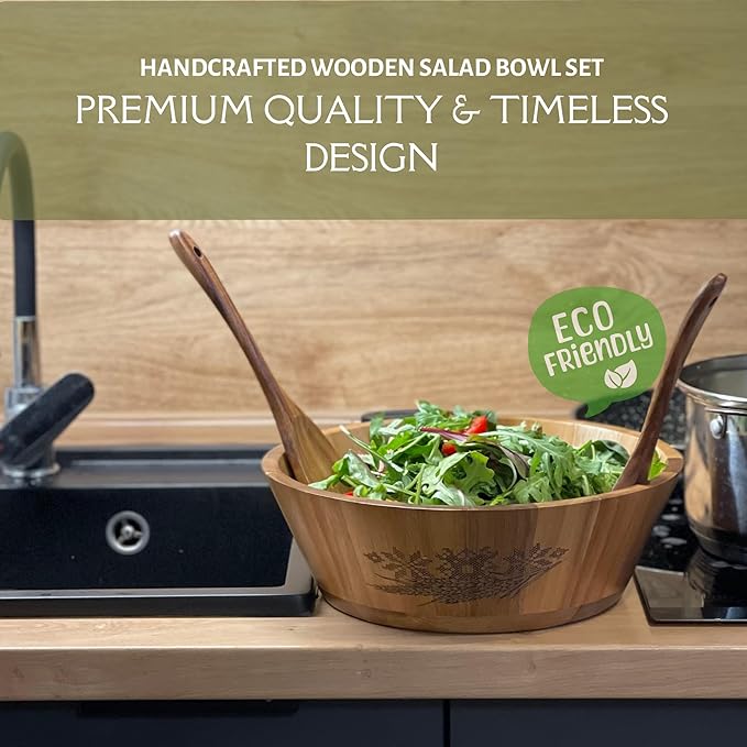 Large Wooden Salad Bowl Set, Eco-friendly Wooden Bowl, Handcrafted Acacia Wood Salad Bowl for Kitchen & Dining