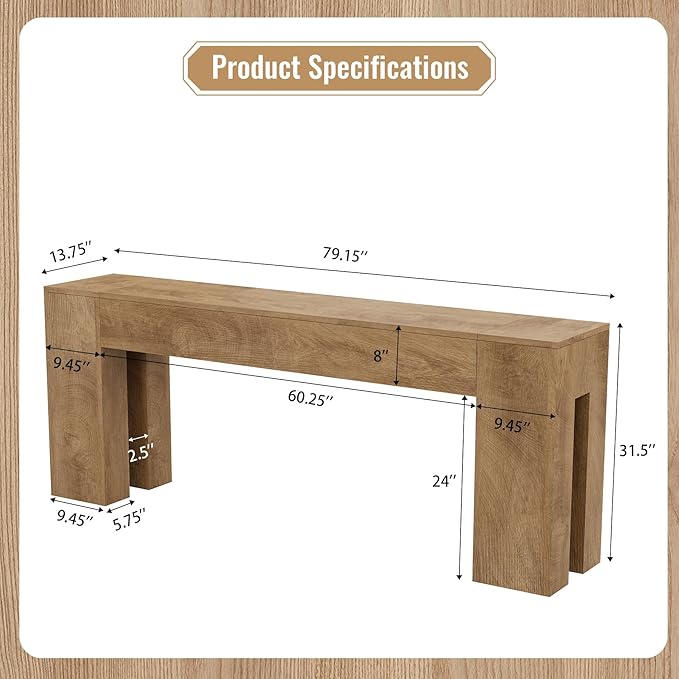Extra Long Sofa Console Table for Entryway Living Room, 79-Inch Farmhouse Wood Behind Couch Table, Rectangular Accent Console with Wooden Double Base for Hallway Foyer Entrance, Natural Oak