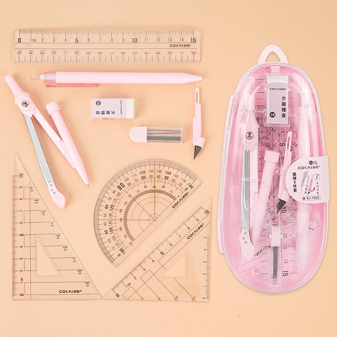 LABANCA 8 Pcs Compass Set with Protractor Rulers Pencil for Math Geometry (08373 Pink)