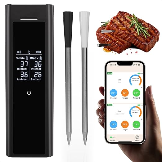 Grebilux Wireless Meat Thermometer with 2 Color-Coded Probes, ±1.8° F Accuracy, IP67 Waterproof, App Control & Real-Time Monitoring, Two-Way Alerts for Kitchen, BBQ, Grill, Oven, Smoker
